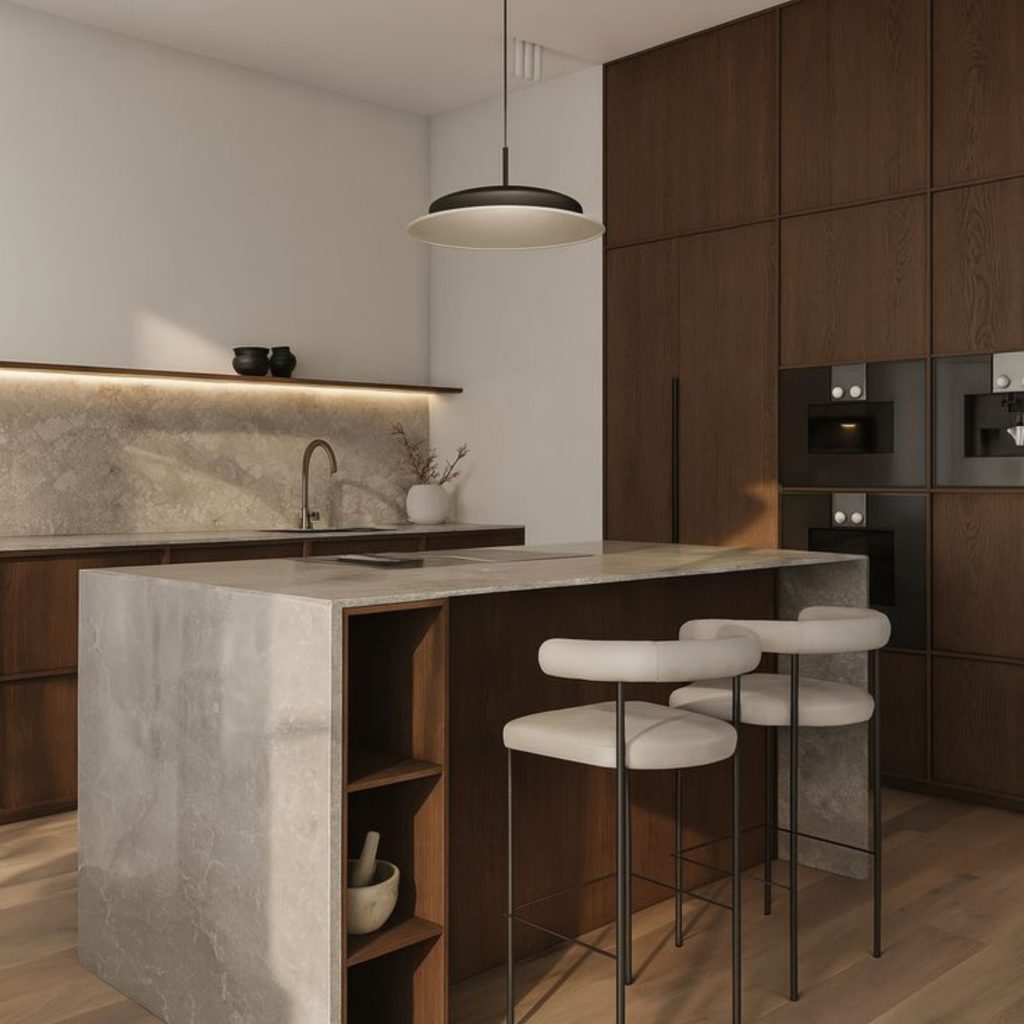 A cozinha revela uma decoração que privilegia materiais naturais e linhas depuradas, criando um ambiente que desperta emoções de conforto e funcionalidade. A composição entre madeira, mármore e luz evidencia a intenção da arquitetura em organizar o espaço através de ritmo e proporção. Cada detalhe reforça uma decoração sensorial, onde as emoções emergem da harmonia entre textura e silêncio, refletindo uma abordagem de arquitetura que acolhe o quotidiano. A coerência visual da decoração sustenta a ligação emocional ao espaço, permitindo que as emoções se alinhem com a intenção da arquitetura.