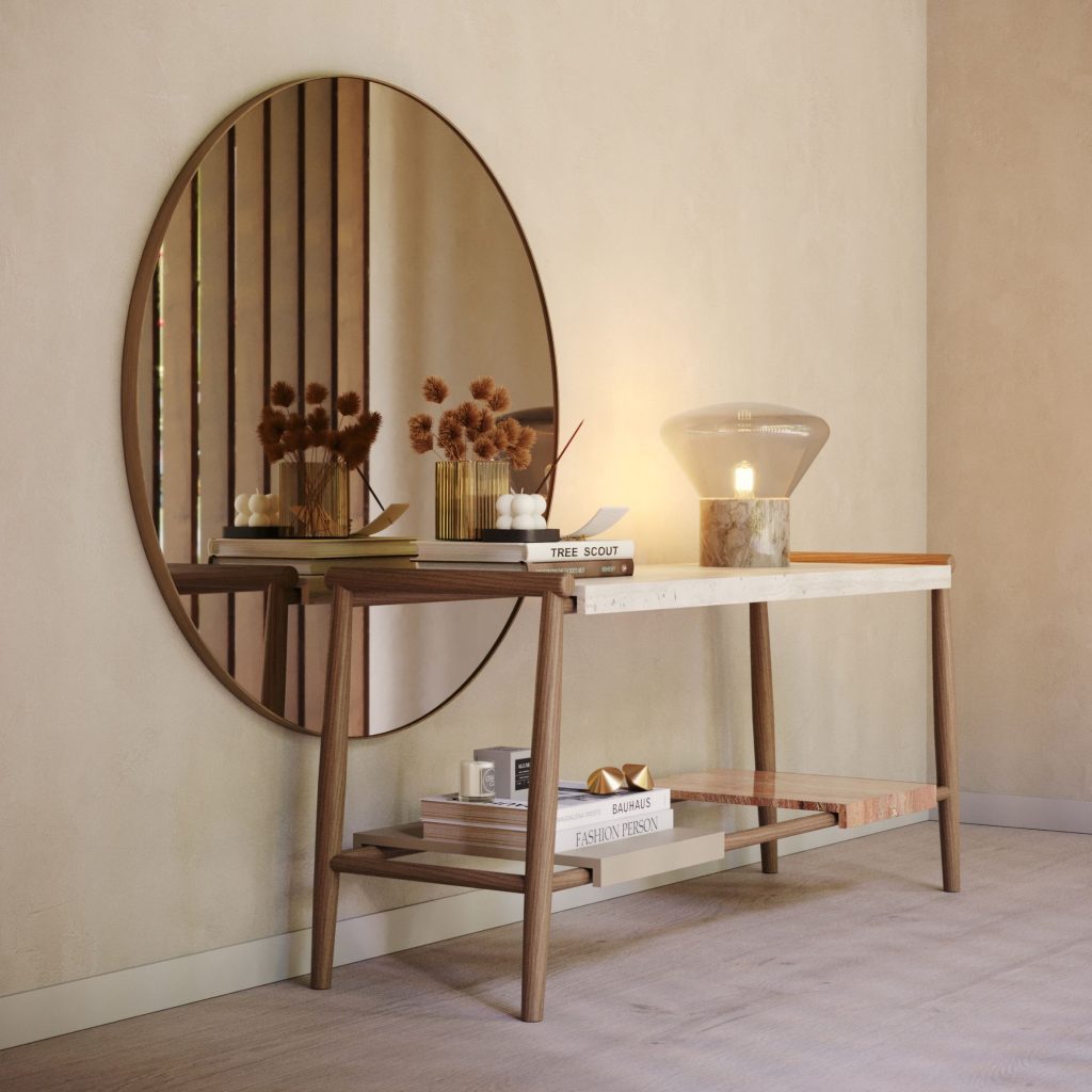 Um hall contemporâneo onde os moveis para corredor com tampo em mármore criam uma base elegante para uma decoração equilibrada, reforçando a coerência da decoração para corredores através de volumes simples e luz quente; o espelho redondo e os objetos escultóricos sugerem soluções de Decoração para corredor estreito que inspiram Ideias para decorar corredores estreitos, mostrando como moveis para corredor podem integrar funcionalidade e estética num espaço luminoso onde a decoração se mantém subtil e a decoração para corredores valoriza materiais naturais; a paleta neutra destaca propostas de Decoração para corredor estreito e amplia novas Ideias para decorar corredores estreitos, enquanto os moveis para corredor se articulam com linhas limpas, permitindo que a decoração respire e que a decoração para corredores ofereça referências de Decoração para corredor estreito, multiplicando Ideias para decorar corredores estreitos num ambiente harmonioso e sofisticado.