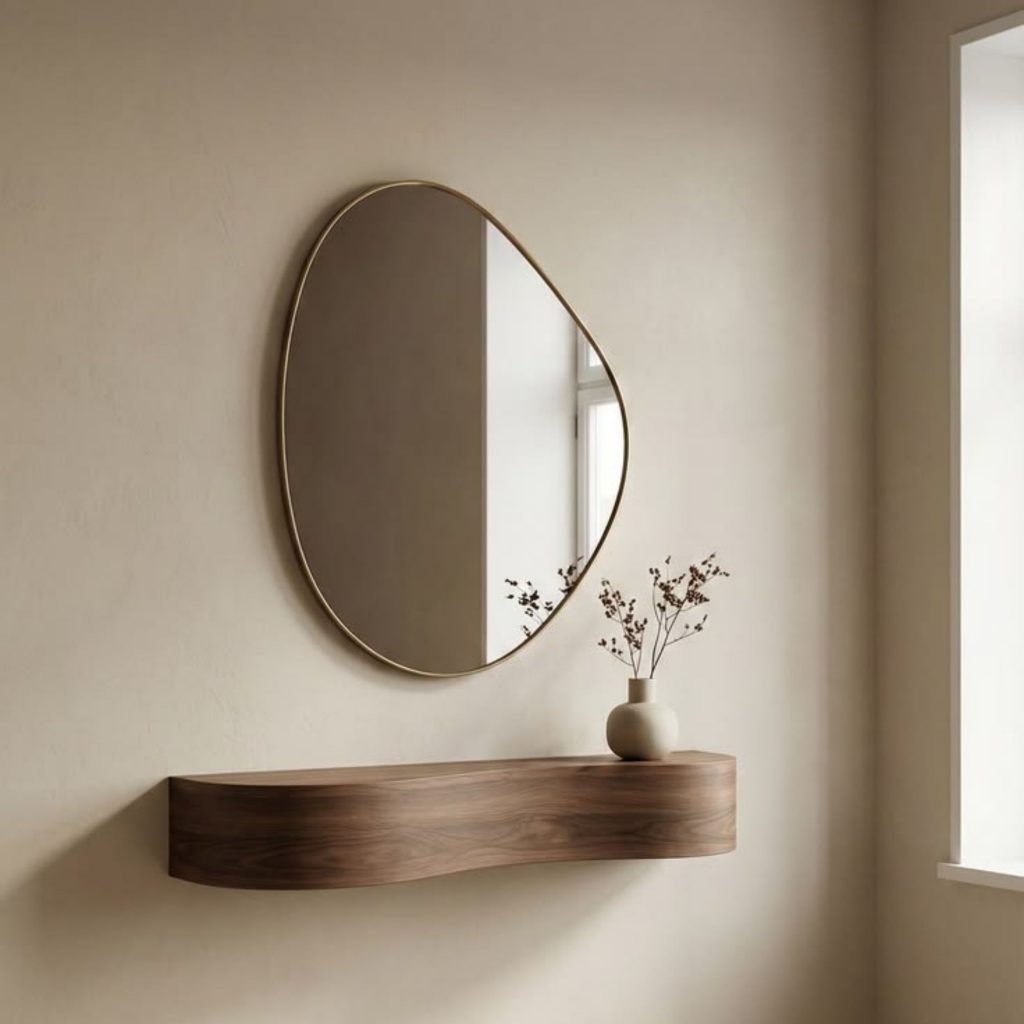 Um espaço minimalista onde os moveis para corredor se articulam com uma prateleira curva e um espelho orgânico, criando uma decoração suave que reforça a coerência da decoração para corredores através de formas naturais; o vaso cerâmico e os ramos secos sugerem soluções de Decoração para corredor estreito que inspiram Ideias para decorar corredores estreitos, mostrando como moveis para corredor podem integrar leveza e funcionalidade num ambiente luminoso onde a decoração se mantém subtil e a decoração para corredores valoriza texturas neutras; a luz natural destaca propostas de Decoração para corredor estreito e amplia novas Ideias para decorar corredores estreitos, enquanto os moveis para corredor se fundem com a arquitetura, permitindo que a decoração respire e que a decoração para corredores ofereça referências de Decoração para corredor estreito, multiplicando Ideias para decorar corredores estreitos num cenário elegante e contemporâneo.
