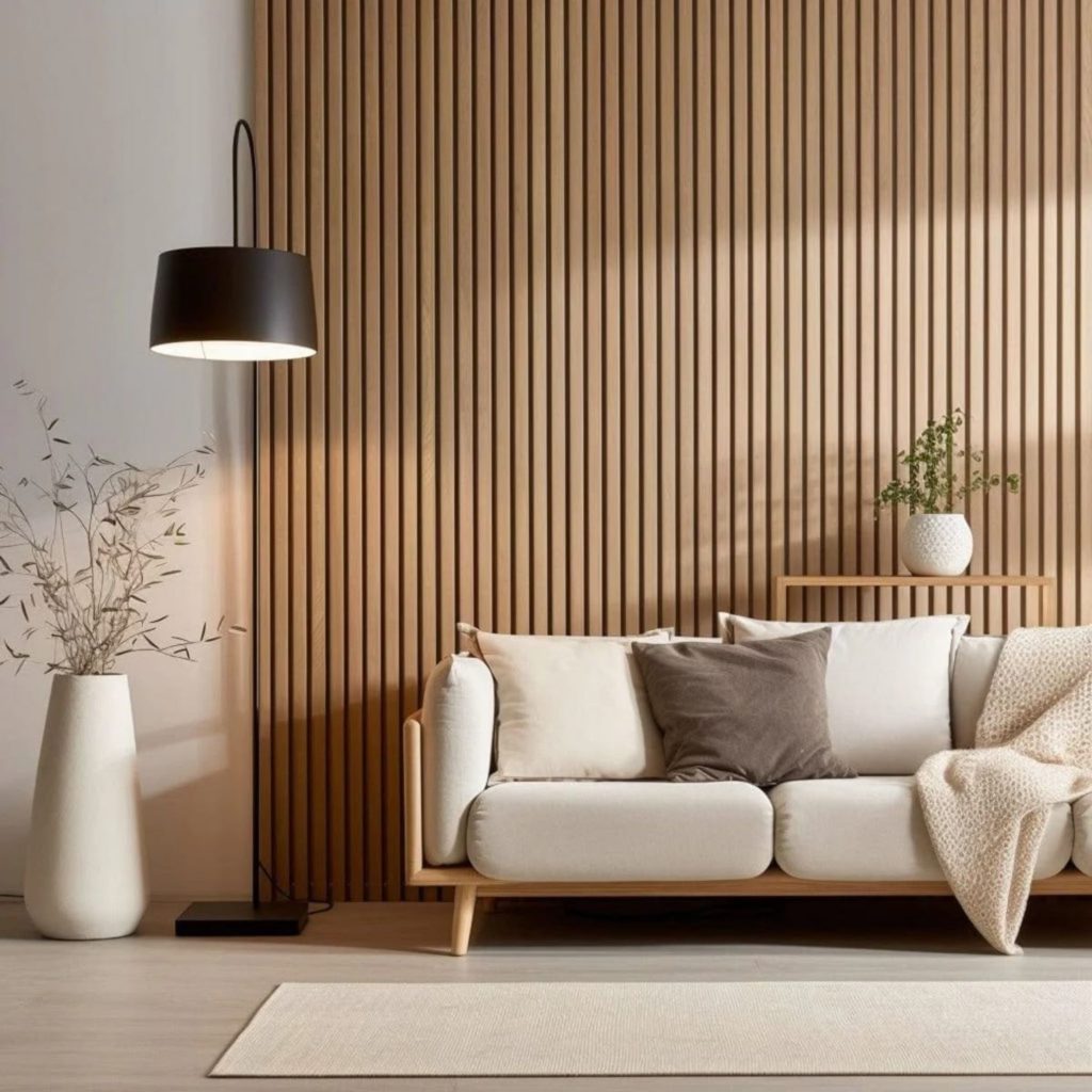 Uma sala minimalista onde os paineis acústicos de madeira atrás do sofá controlam o som e reduzem fenómenos acústicos, contribuindo para uma insonorização acústica mais confortável. A textura quente dos paineis acústicos ajuda a estabilizar o som e a suavizar fenómenos acústicos, enquanto a presença discreta de espuma acústica pode reforçar a insonorização acústica sem interferir na estética. O conjunto mostra como paineis acústicos em madeira, combinados com espuma acústica, equilibram o som, mitigam fenómenos acústicos e elevam o desempenho da insonorização acústica.