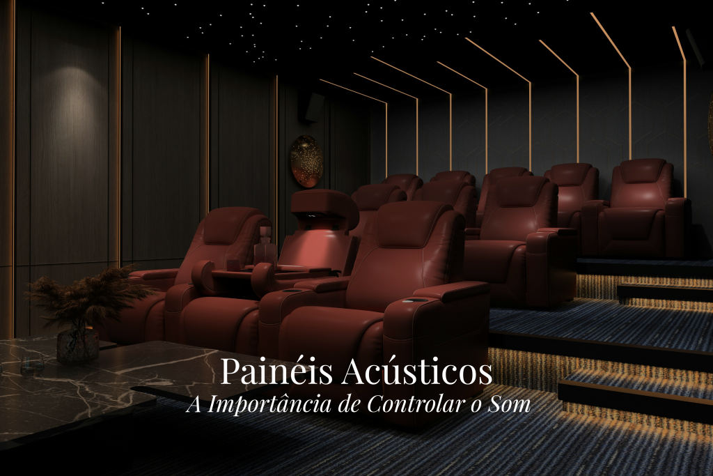 Um cinema em casa onde os paineis acústicos revestem as paredes para controlar o som e reduzir fenómenos acústicos, criando uma atmosfera imersiva através de insonorização acústica precisa; a iluminação quente destaca os paineis acústicos integrados, enquanto o mobiliário profundo absorve som e suaviza fenómenos acústicos; no teto, a luz estrelada reforça a insonorização acústica, complementada por detalhes em espuma acústica que otimizam o ambiente, com paineis acústicos, som, fenómenos acústicos, insonorização acústica e espuma acústica trabalhados de forma harmoniosa.