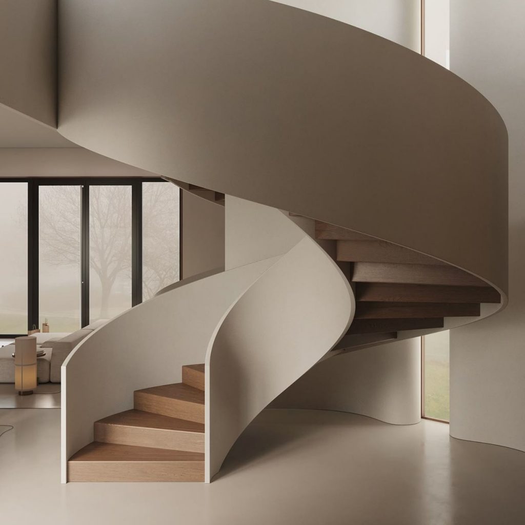 Escada escultural que expressa a arquitetura orgânica como elemento central da casa, envolvida por um design biofílico que intensifica o bem‑estar através da luz natural. O design de interiores valoriza a arquitetura orgânica nas curvas contínuas, criando um ambiente de bem‑estar que reforça a identidade da casa e a sua relação com o design biofílico. A forma em espiral traduz um design de interiores que celebra a arquitetura orgânica, elevando a casa a um espaço de bem‑estar sustentado por princípios de design biofílico.