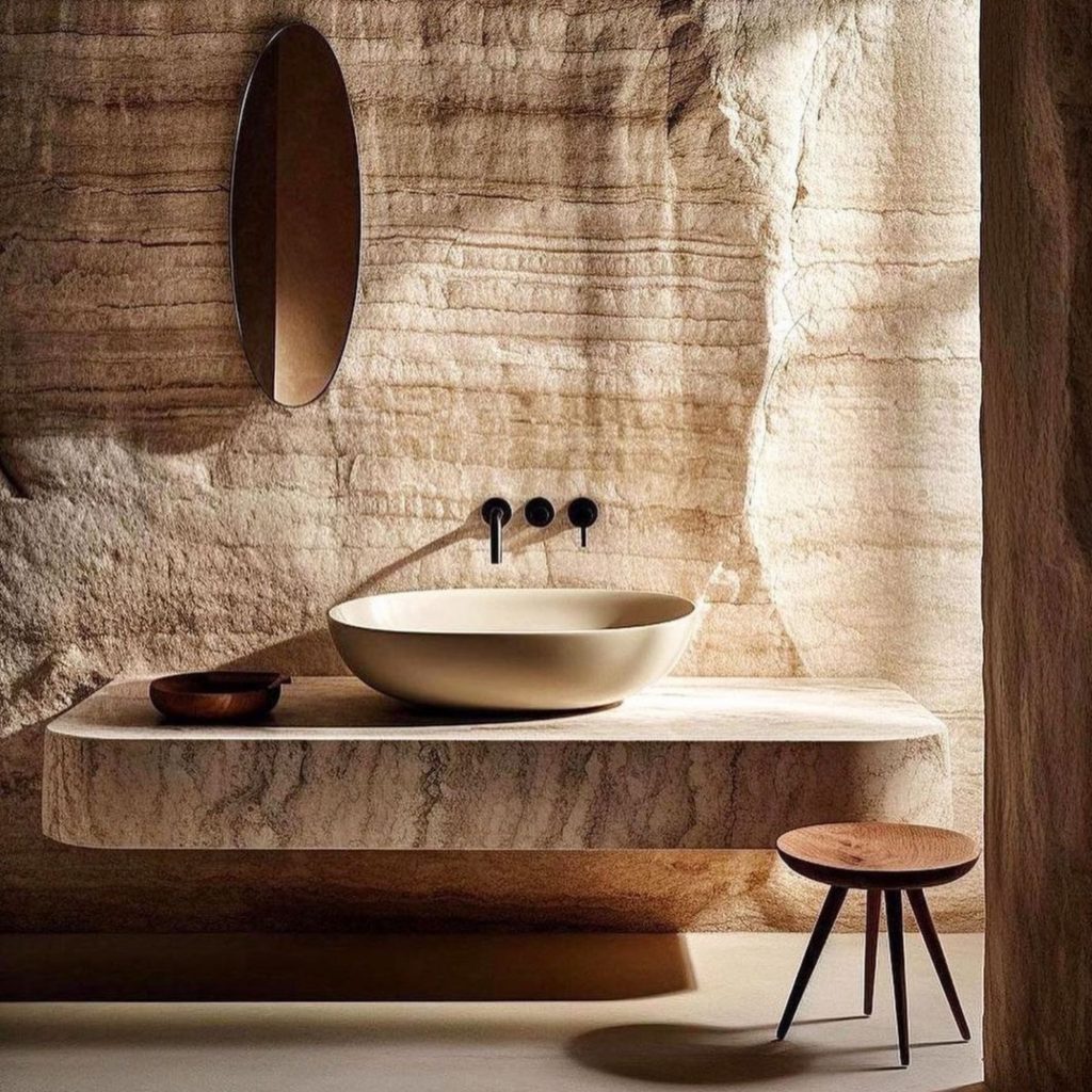 Casa de banho minimalista onde a arquitetura orgânica se manifesta nas superfícies de pedra, criando uma atmosfera de bem‑estar que eleva o design de interiores. A composição mostra como o design biofílico suaviza a transição entre áreas da casa, reforçando o bem‑estar através de materiais naturais e da continuidade da arquitetura orgânica. A luz quente destaca um gesto de design de interiores que transforma a casa num espaço de bem‑estar, sustentado por detalhes que refletem o design biofílico e pela presença constante da arquitetura orgânica, sempre alinhada com a essência da casa.