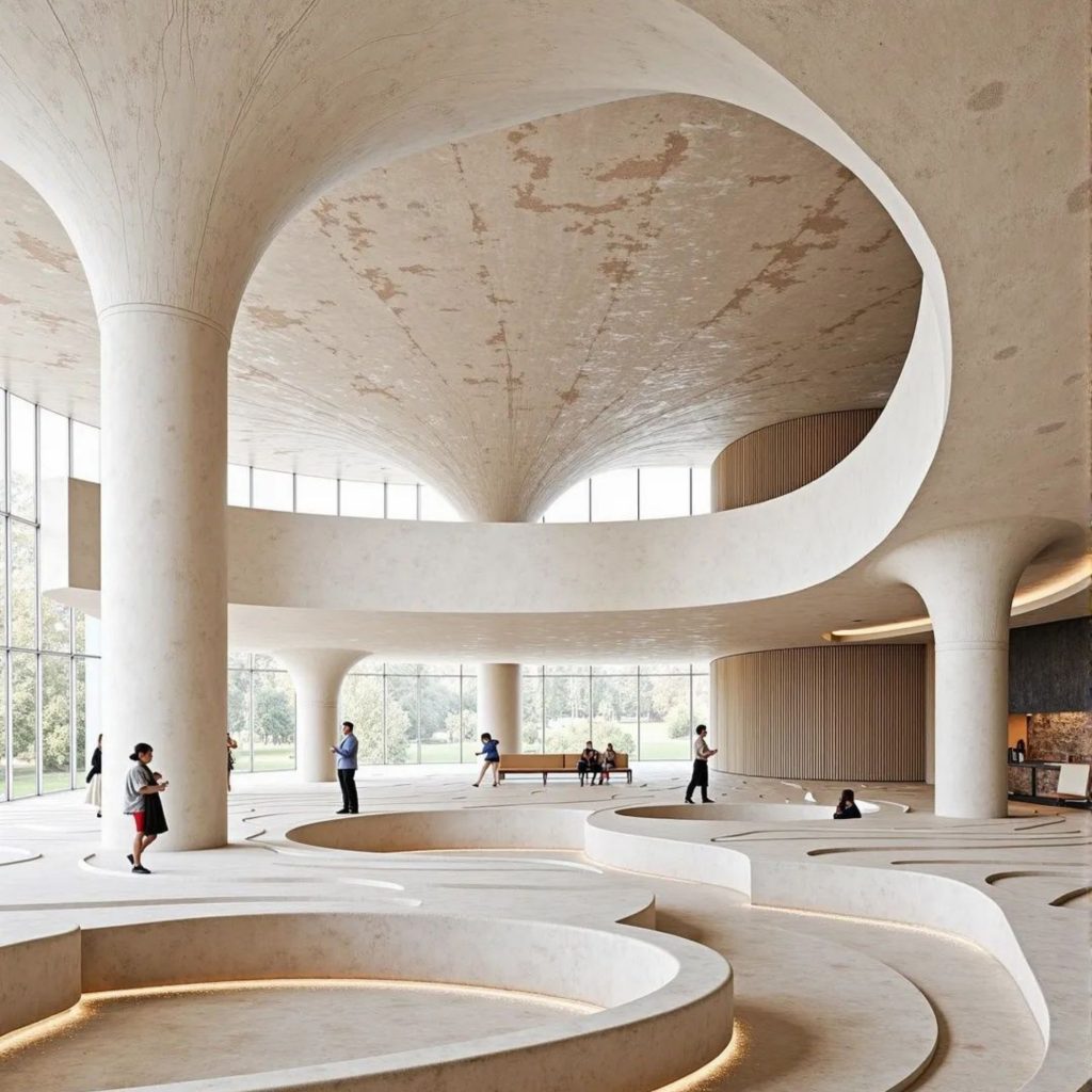 Interior amplo onde a arquitetura orgânica define curvas monumentais que moldam a luz e reforçam o bem‑estar, criando uma casa conceptual que expande a ideia de design de interiores. As colunas fluidas revelam uma leitura contemporânea da arquitetura orgânica, enquanto a presença de vegetação subtil introduz princípios de design biofílico que intensificam o bem‑estar. A geometria suave do pavimento e a escala generosa mostram como o design de interiores pode transformar a casa num espaço de contemplação, unindo arquitetura orgânica e design biofílico para promover o bem‑estar.