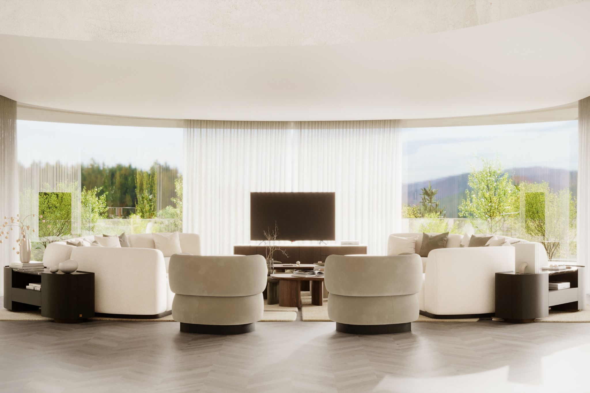 Sala contemporânea onde a presença da Natureza orienta um mobiliário inspirado em pedras e nas dolomitas, revelando a força dos materiais naturais e um gesto profundamente orgânico que traduz a essência do design biofílico e promove o bem‑estar. A disposição circular reforça a força da natureza, mostrando como a Natureza se manifesta através de materiais naturais que evocam a textura mineral das dolomitas e intensificam a leitura orgânica do espaço, sempre alinhada com princípios de design biofílico dedicados ao bem‑estar. A luz natural amplia a força da natureza, criando uma continuidade visual guiada pela Natureza e por materiais naturais que sustentam uma atmosfera orgânica, profundamente enraizada no design biofílico e concebida para elevar o bem‑estar. Os sofás e cadeirões, inspirados na solidez das pedras, reforçam a força da natureza, revelando como a Natureza influencia a escolha de materiais naturais que traduzem um gesto orgânico e consolidam a intenção do design biofílico, sempre orientado para o bem‑estar. As janelas curvas intensificam a força da natureza, trazendo a Natureza para dentro através de materiais naturais e de uma composição orgânica que ecoa o espírito do design biofílico, pensado para amplificar o bem‑estar. Cada detalhe celebra a força da natureza, reafirmando a ligação à Natureza através de materiais naturais inspirados nas dolomitas, sustentando uma estética orgânica, profundamente conectada ao design biofílico e dedicada ao bem‑estar.