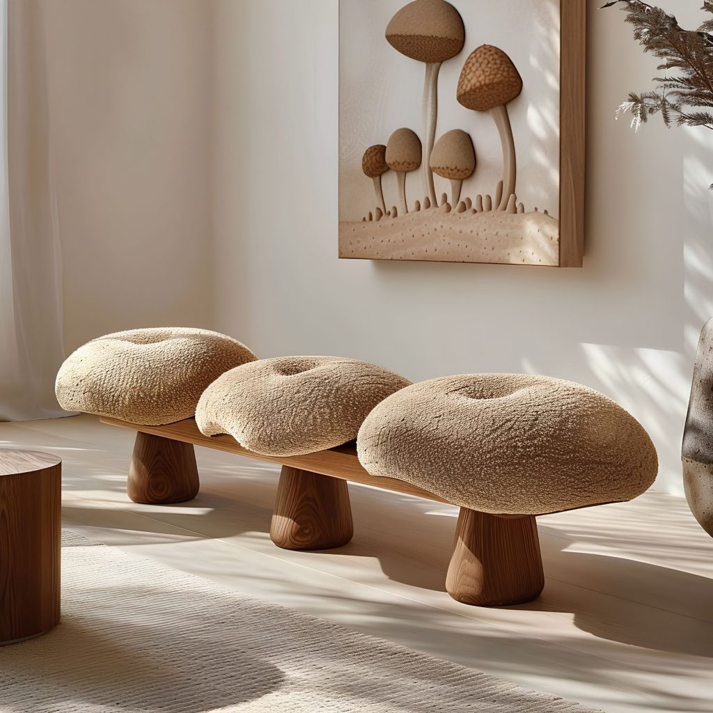 Banco escultórico onde a presença da Natureza orienta a escolha de materiais naturais e reforça um gesto orgânico que traduz a essência do design biofílico e promove o bem‑estar. As formas em cogumelo revelam a força da natureza, mostrando como a Natureza inspira volumes de materiais naturais que intensificam a leitura orgânica do espaço, sempre alinhada com princípios de design biofílico dedicados ao bem‑estar. A composição reforça a força da natureza, criando uma continuidade visual guiada pela Natureza e por materiais naturais que sustentam uma atmosfera orgânica, profundamente enraizada no design biofílico e concebida para elevar o bem‑estar. A textura têxtil e as bases em madeira celebram a força da natureza, revelando como a Natureza influencia a escolha de materiais naturais que traduzem um gesto orgânico e consolidam a intenção do design biofílico, sempre orientado para o bem‑estar. A luz suave intensifica a força da natureza, trazendo a Natureza para dentro através de materiais naturais e de uma composição orgânica que ecoa o espírito do design biofílico, pensado para amplificar o bem‑estar. Cada detalhe reafirma a força da natureza, celebrando a ligação à Natureza através de materiais naturais que sustentam uma estética orgânica, profundamente conectada ao design biofílico e dedicada ao bem‑estar.