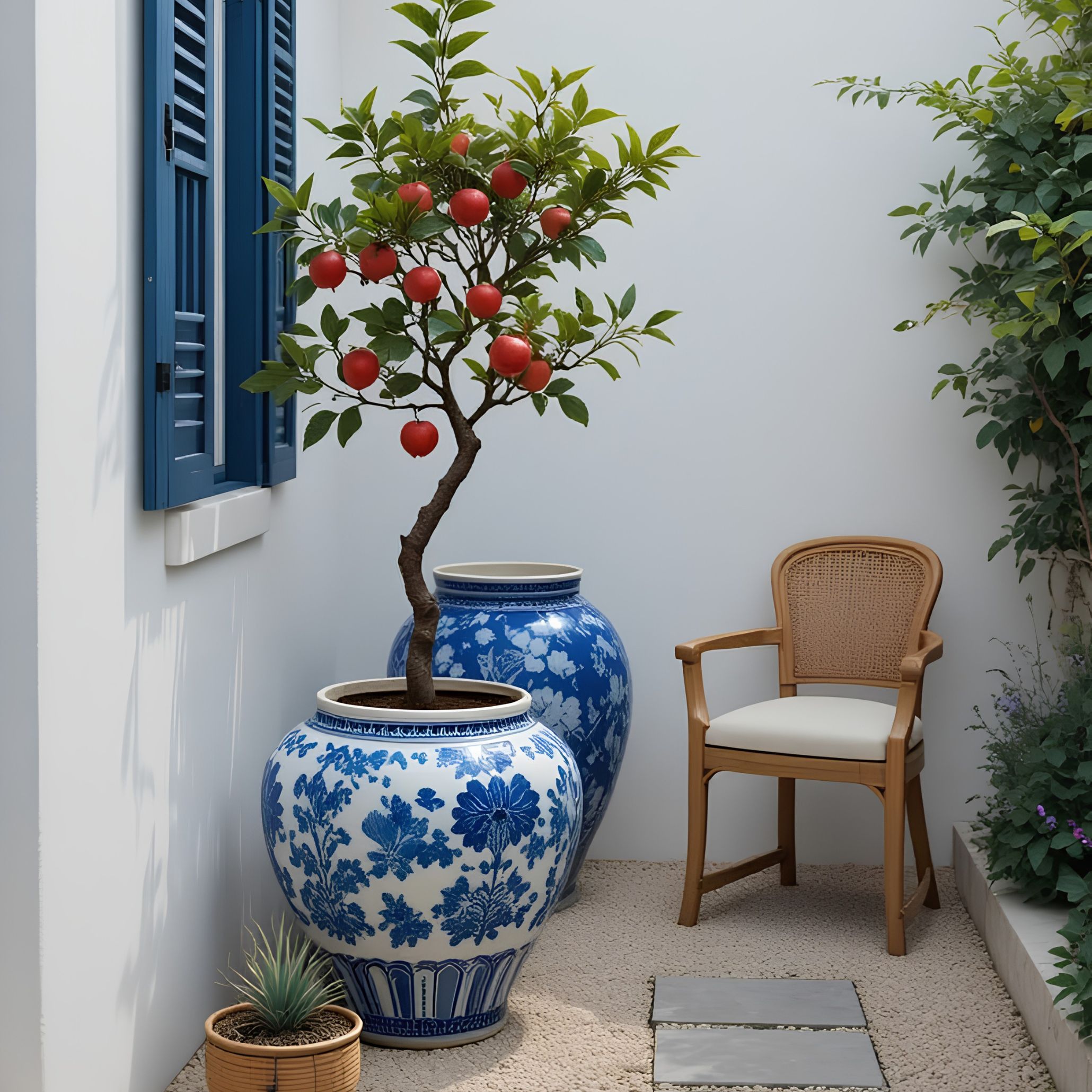 Composição exterior que evoca a serenidade de uma casa algarvia, integrada no ambiente das casas de férias no algarve e na estética das Casas do algarve, refletindo o carácter das Casas no algarve e sugerindo atmosferas de decoração de verão que inspiram design de interiores; Os vasos azuis e brancos reforçam a presença de uma casa algarvia, articulando elementos das casas de férias no algarve com referências às Casas do algarve, criando continuidade com o estilo das Casas no algarve e com a linguagem de decoração de verão aplicada ao design de interiores; A árvore com frutos vermelhos intensifica a vibração de uma casa algarvia, evocando o espírito das casas de férias no algarve e a tradição das Casas do algarve, alinhando-se com o conforto das Casas no algarve e com a estética descontraída da decoração de verão que molda o design de interiores; A cadeira de madeira reforça novamente a imagem de uma casa algarvia, remetendo para o ambiente das casas de férias no algarve e para os materiais das Casas do algarve, criando paralelos com o carácter das Casas no algarve e com os detalhes de decoração de verão que influenciam o design de interiores; O enquadramento final celebra a autenticidade de uma casa algarvia, a atmosfera das casas de férias no algarve, a estética das Casas do algarve, o estilo das Casas no algarve, a vibração da decoração de verão e a inspiração contínua do design de interiores.