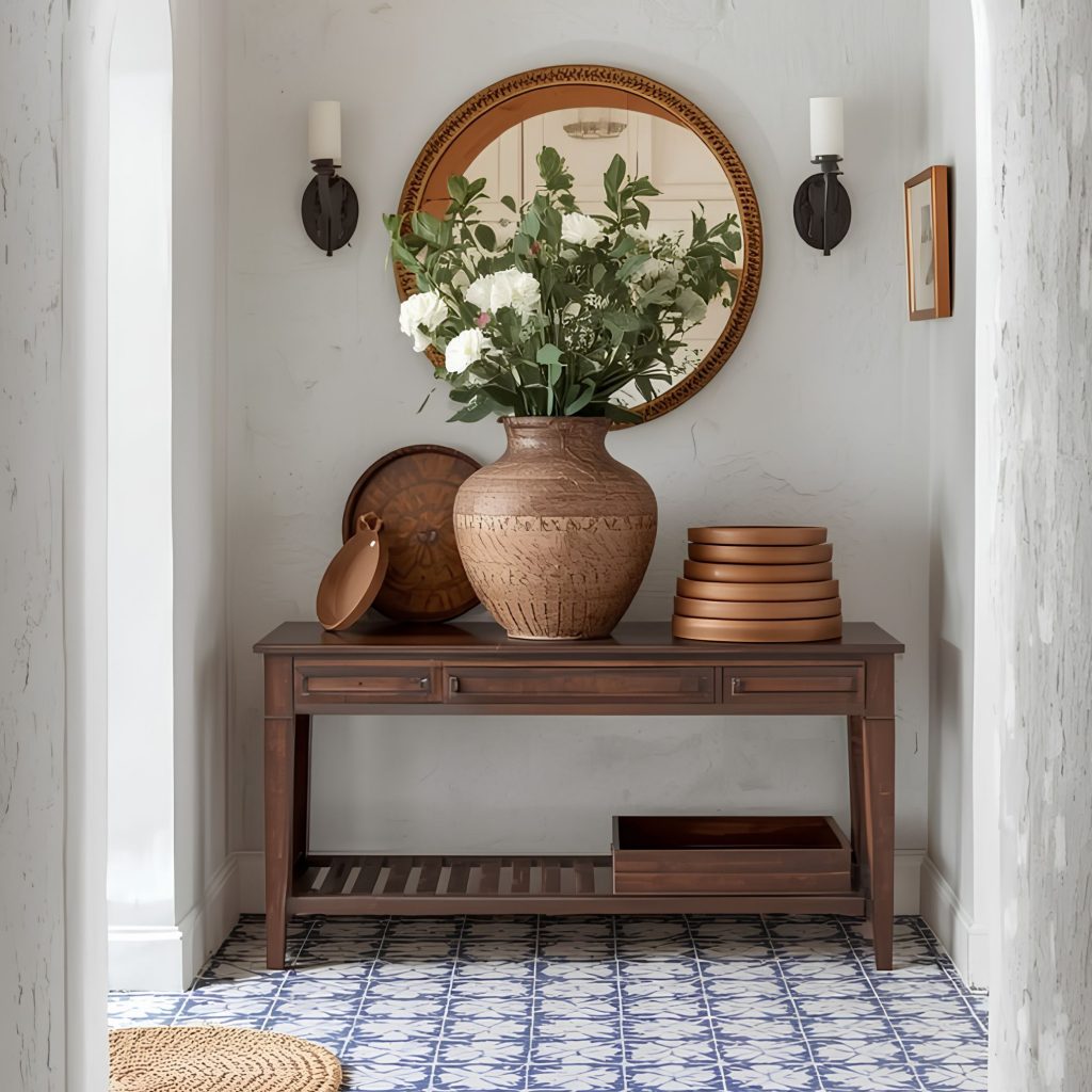 Alt text: Entrada luminosa que traduz a essência de uma casa algarvia, integrada na atmosfera das casas de férias no algarve e na identidade das Casas do algarve, refletindo o carácter das Casas no algarve e sugerindo ambientes de decoração de verão que dialogam com princípios de design de interiores; A consola em madeira reforça a presença de uma casa algarvia, articulando elementos das casas de férias no algarve com referências às Casas do algarve, criando continuidade com o estilo das Casas no algarve e com a vibração de decoração de verão aplicada ao design de interiores; O espelho redondo intensifica a atmosfera de uma casa algarvia, evocando o espírito das casas de férias no algarve e a tradição das Casas do algarve, alinhando-se com o conforto das Casas no algarve e com a estética descontraída da decoração de verão que inspira o design de interiores; A cerâmica texturada reforça novamente a imagem de uma casa algarvia, remetendo para o ambiente das casas de férias no algarve e para os materiais das Casas do algarve, criando paralelos com o carácter das Casas no algarve e com os detalhes de decoração de verão que moldam o design de interiores; O enquadramento final celebra a autenticidade de uma casa algarvia, a atmosfera das casas de férias no algarve, a estética das Casas do algarve, o estilo das Casas no algarve, a vibração da decoração de verão e a inspiração contínua do design de interiores.