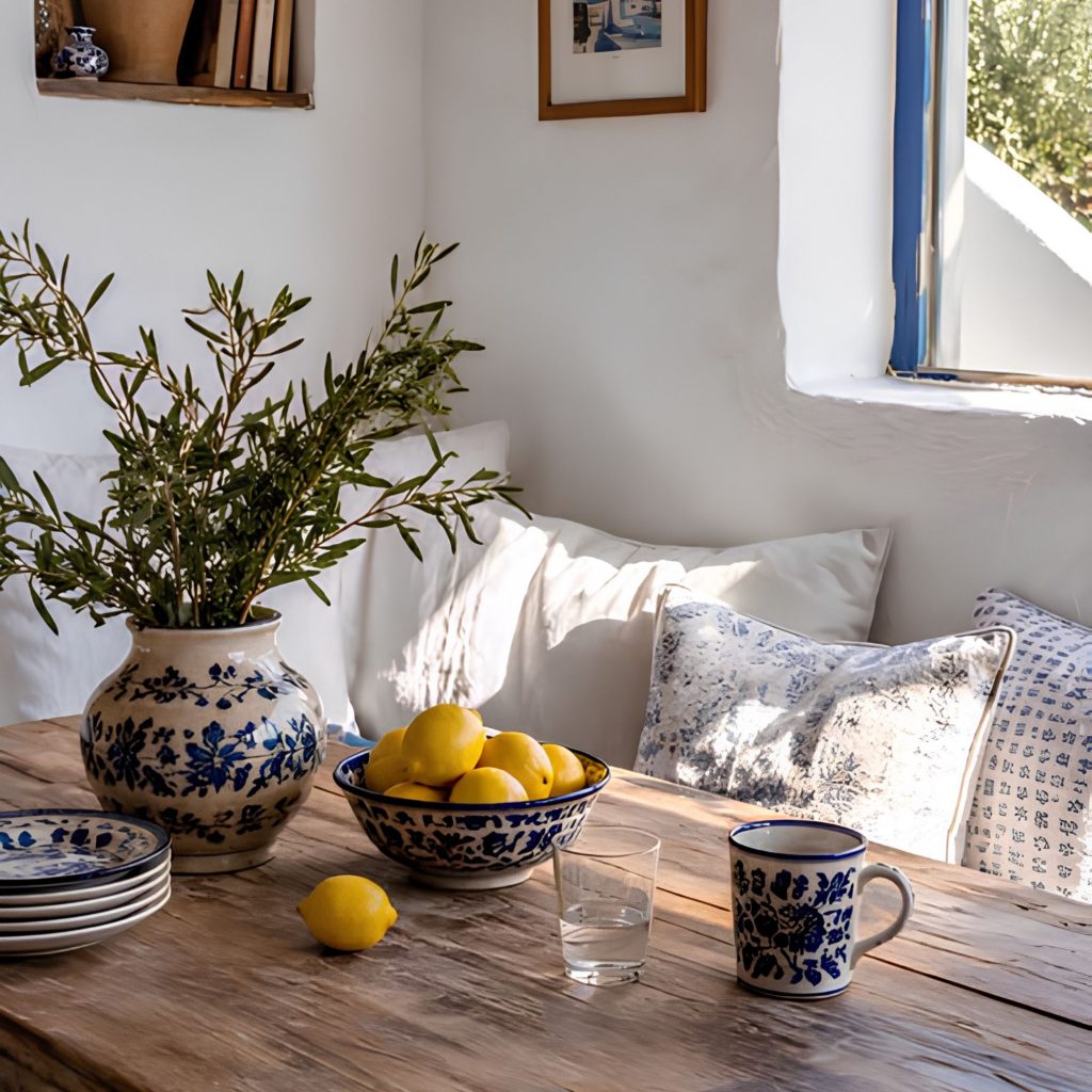 Mesa rústica que evoca a tranquilidade de uma casa algarvia, integrada na atmosfera das casas de férias no algarve e na identidade das Casas do algarve, refletindo o carácter das Casas no algarve e sugerindo ambientes de decoração de verão que dialogam com princípios de design de interiores; A cerâmica azul reforça a presença de uma casa algarvia, articulando elementos das casas de férias no algarve com referências às Casas do algarve, criando continuidade com o estilo das Casas no algarve e com a vibração de decoração de verão aplicada ao design de interiores; Os limões vibrantes intensificam a atmosfera de uma casa algarvia, evocando o espírito das casas de férias no algarve e a tradição das Casas do algarve, alinhando-se com o conforto das Casas no algarve e com a estética descontraída da decoração de verão que inspira o design de interiores; As almofadas estampadas reforçam novamente a imagem de uma casa algarvia, remetendo para o ambiente das casas de férias no algarve e para os materiais das Casas do algarve, criando paralelos com o carácter das Casas no algarve e com os detalhes de decoração de verão que moldam o design de interiores; O enquadramento final celebra a autenticidade de uma casa algarvia, a atmosfera das casas de férias no algarve, a estética das Casas do algarve, o estilo das Casas no algarve, a vibração da decoração de verão e a inspiração contínua do design de interiores.