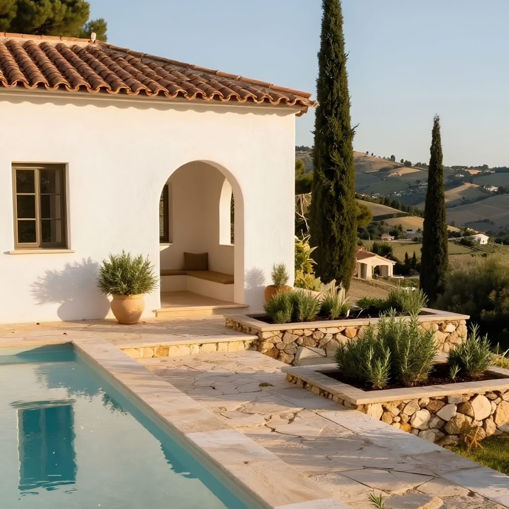 Terraço sereno que evoca a essência de uma casa algarvia, integrado na atmosfera das casas de férias no algarve e na identidade das Casas do algarve, refletindo o carácter das Casas no algarve e sugerindo ambientes de decoração de verão que dialogam com princípios de design de interiores; A zona lounge com almofadas verdes reforça a presença de uma casa algarvia, articulando elementos das casas de férias no algarve com referências às Casas do algarve, criando continuidade com o estilo das Casas no algarve e com a vibração de decoração de verão aplicada ao design de interiores; A pequena piscina intensifica a atmosfera de uma casa algarvia, evocando o espírito das casas de férias no algarve e a tradição das Casas do algarve, alinhando-se com o conforto das Casas no algarve e com a estética descontraída da decoração de verão que inspira o design de interiores; A mesa exterior reforça novamente a imagem de uma casa algarvia, remetendo para o ambiente das casas de férias no algarve e para os materiais das Casas do algarve, criando paralelos com o carácter das Casas no algarve e com os detalhes de decoração de verão que moldam o design de interiores; O enquadramento final celebra a autenticidade de uma casa algarvia, a atmosfera das casas de férias no algarve, a estética das Casas do algarve, o estilo das Casas no algarve, a vibração da decoração de verão e a inspiração contínua do design de interiores.