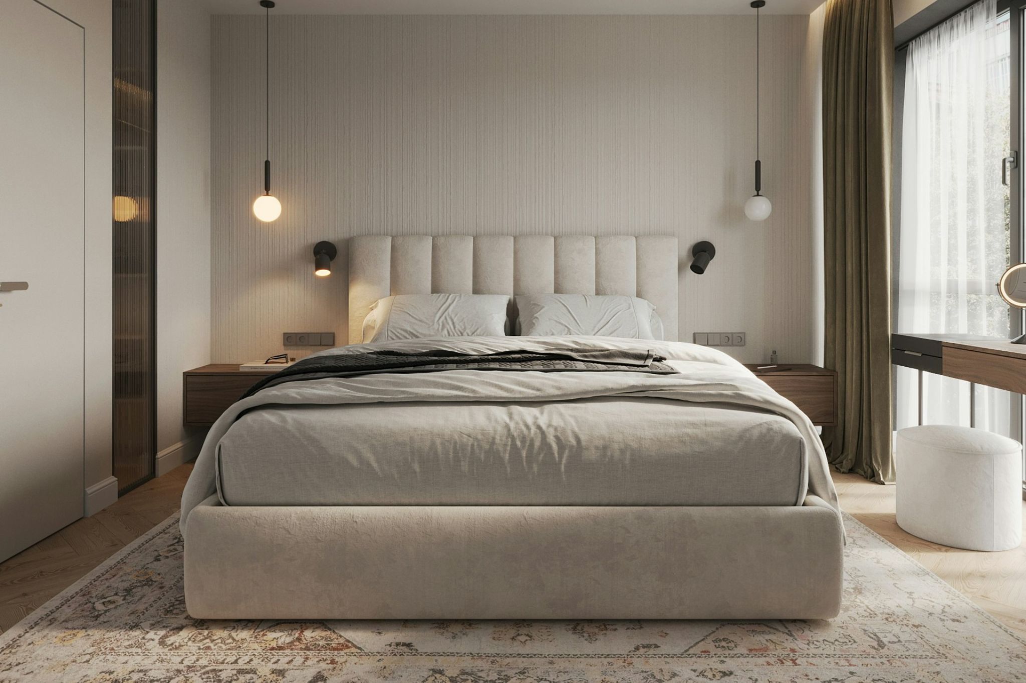 Inspiração sobre como decorar camas de casal com uma cama de casal estofada em tons claros e uma capa de edredão neutra com manta texturada num quarto contemporâneo luminosa.