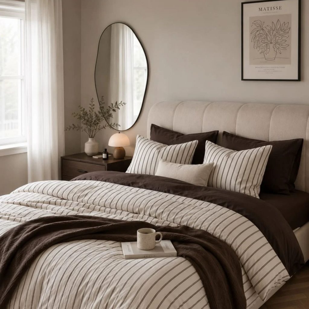 Quarto luminoso com cama estofada vestida com edredão volumoso numa elegante capa de edredão às riscas combinada com uma colcha castanha dobrada em camadas perfeitas de colcha para cama de casal
