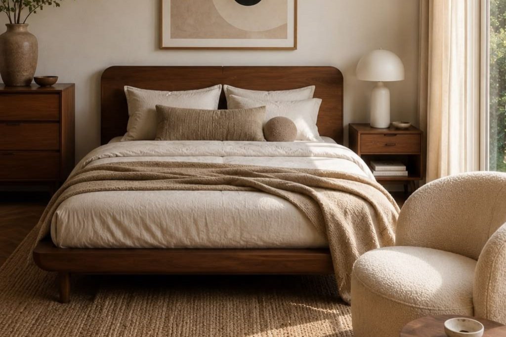 Cama de casal em madeira com manta decorativa para camas aos pés combinada com almofadas claras e almofadas decorativas texturadas em tons terra num quarto sereno e acolhedor.