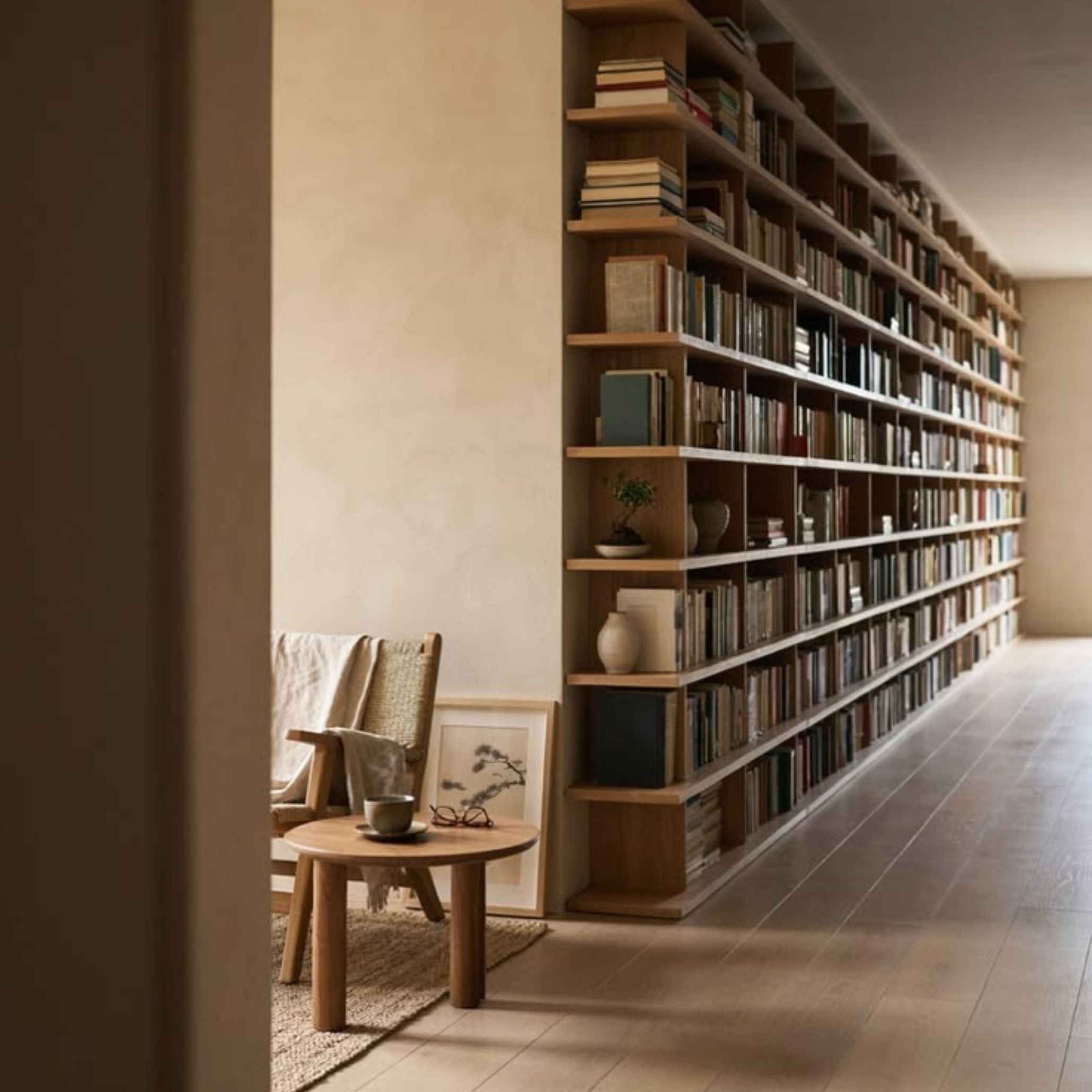Projeto de design de interiores para uma acolhedora biblioteca em casa, exibindo uma longa estante de parede com várias estantes para livros, recanto de leitura com cadeirão e mesa de apoio com peças de decoração serena.