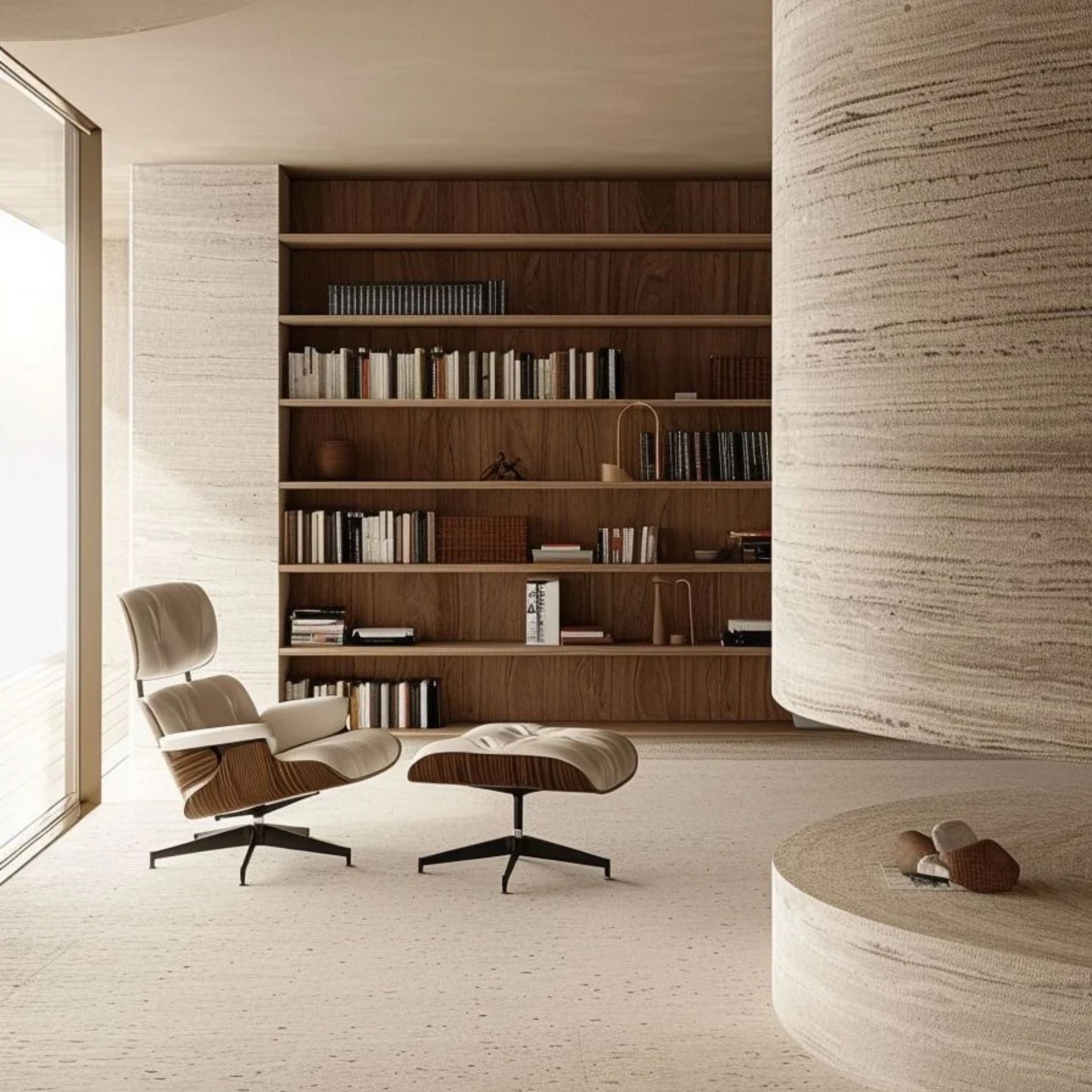 Espaço de biblioteca em casa minimalista com grande estante embutida em madeira, integrando práticas estantes para livros, um cadeirão de leitura com apoio de pés e apontamentos de decoração num conceito sofisticado de design de interiores.