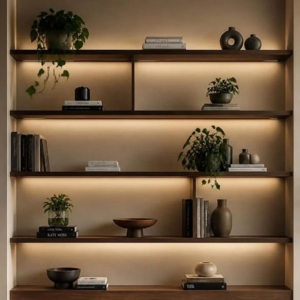 Pormenor de decoração e design de interiores numa biblioteca em casa, exibindo uma estante embutida com fitas LED, plantas, cerâmicas e práticas estantes para livros integradas numa área de leitura com cadeirão.