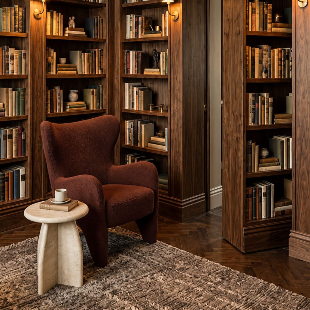 Acolhedor recanto de biblioteca em casa com elegante cadeirão cor de vinho e mesa de apoio, enquadrado por uma imponente estante em madeira escura com várias estantes para livros, iluminação de parede e requintada decoração assinada por design de interiores.