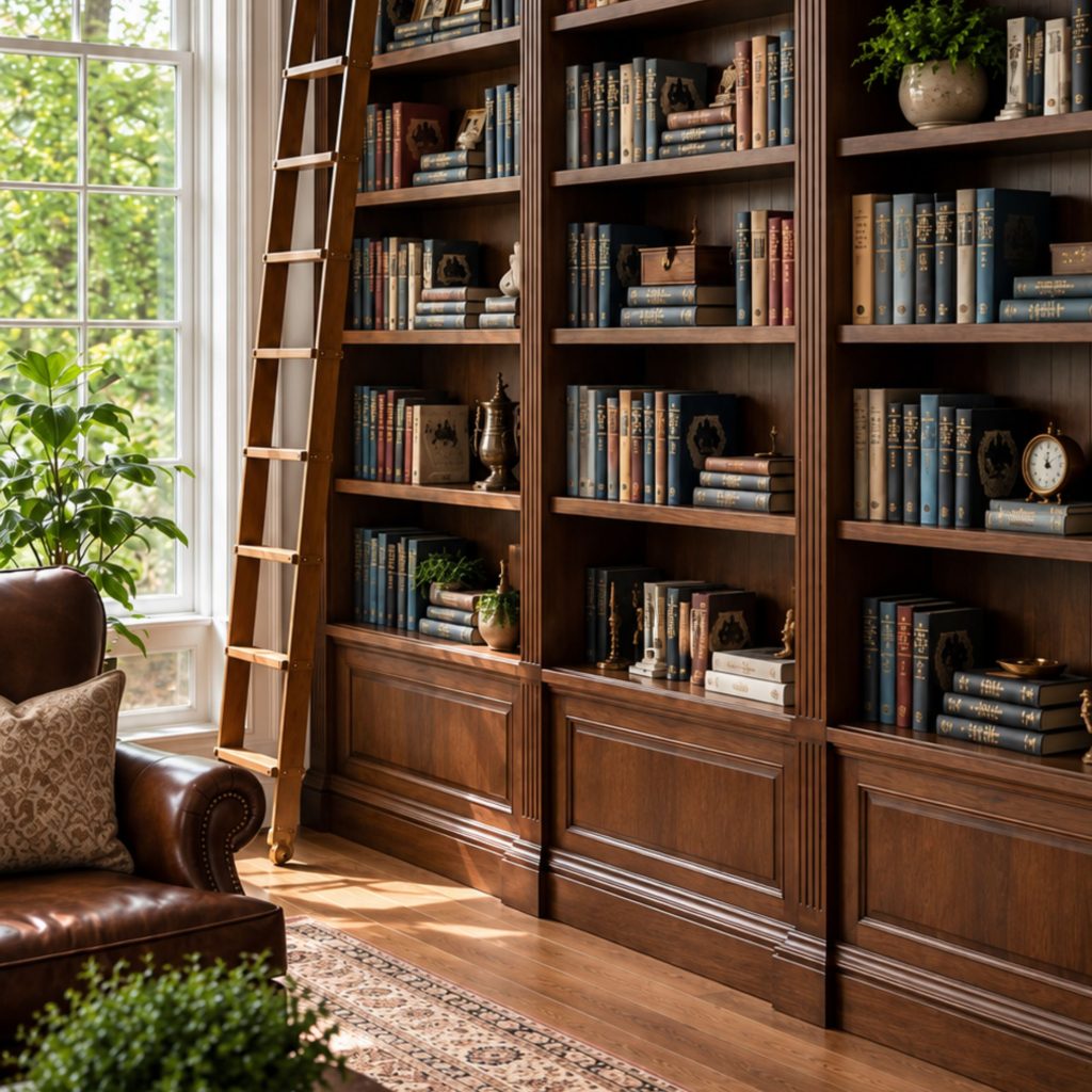 Majestosa biblioteca em casa de estilo clássico com alta estante em madeira e escada de apoio, integrando amplas estantes para livros, um confortável cadeirão em pele junto à janela e detalhes elegantes de decoração e design de interiores.
