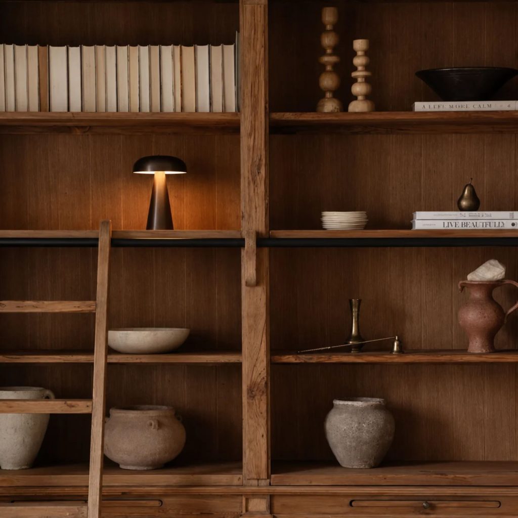 Pormenor de decoração numa biblioteca em casa, com escada clássica apoiada numa imponente estante de madeira, exibindo peças cerâmicas e estantes para livros que completam o recanto de leitura junto a um cadeirão num projeto de design de interiores.
