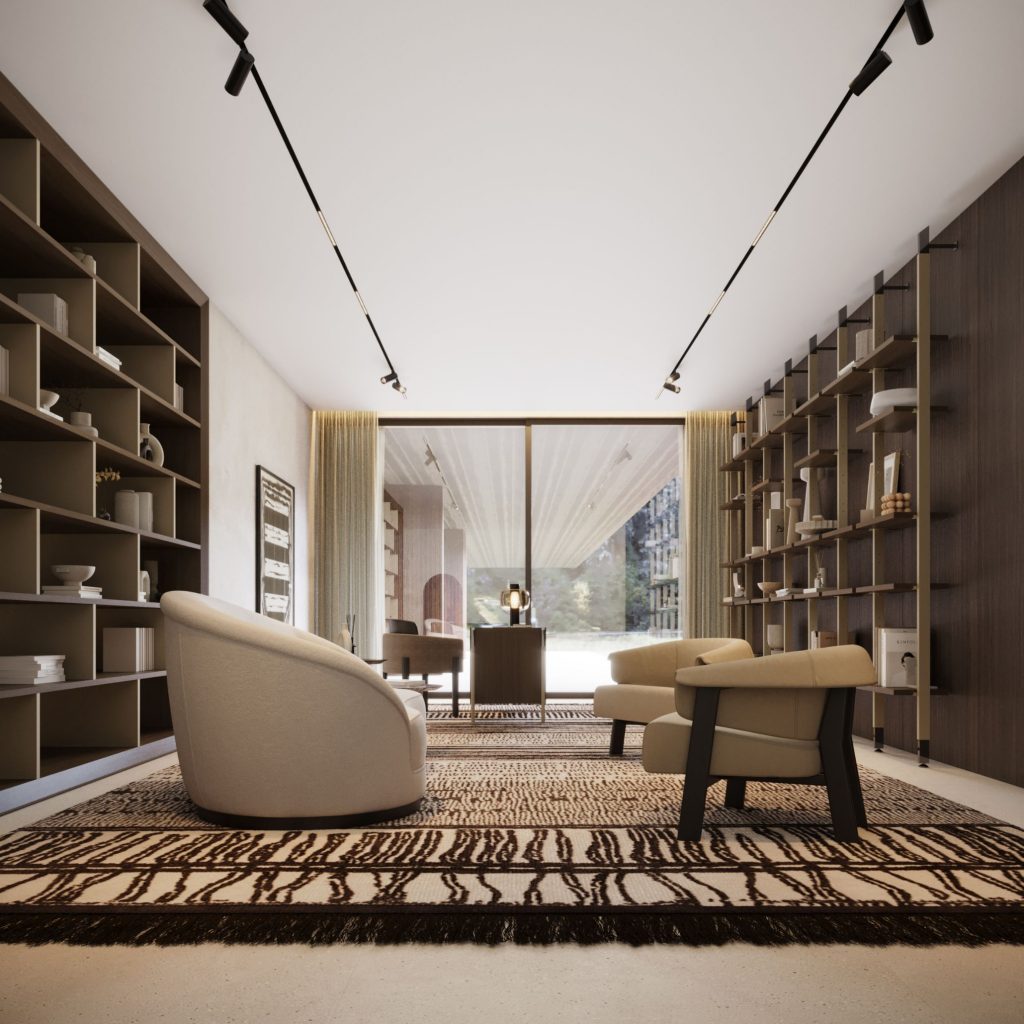 Ampla biblioteca em casa moderna com elegante estante de parede a parede com estantes para livros, tapete texturado, confortável cadeirão e peças de decoração contemporânea num projeto de excelência em design de interiores.